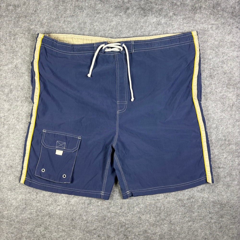 Vintage Rise Board Shorts Navy Blue Striped Cargo Swim Trunks Mens Large 264‎